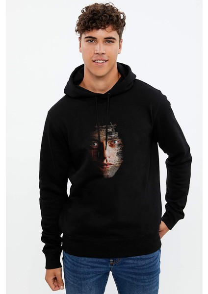 Mr Robot 2 Baskılı Siyah Erkek Örme Kapşonlu Sweatshirt Uzun Kol