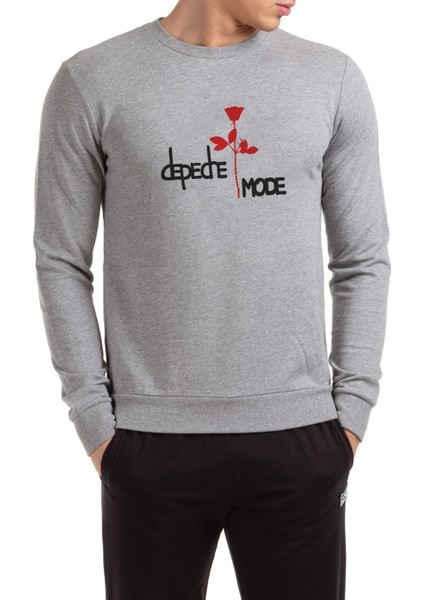 Depedre Mode Rose Baskılı Gri Erkek Örme Sweatshirt Uzun Kol