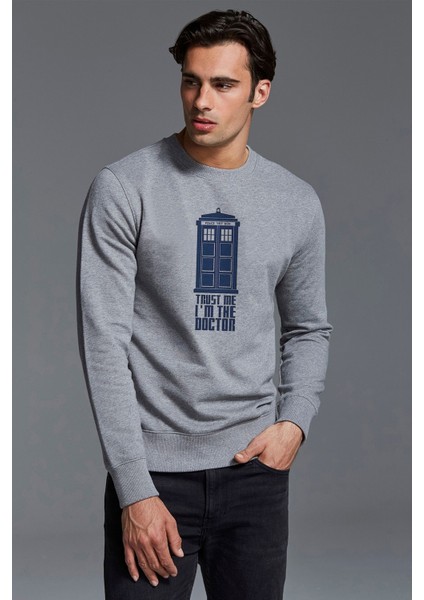 Doctor Who Trust Me I'm The Baskılı Gri Erkek Örme Sweatshirt Uzun Kol
