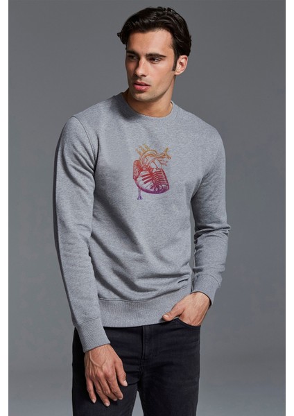 Kalbim Müzikle Carpiyor Baskılı Gri Erkek Örme Sweatshirt Uzun Kol