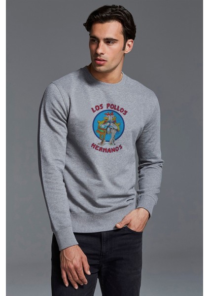 Los Pollos Hermanos Bad Jesse Baskılı Gri Erkek Örme Sweatshirt Uzun Kol