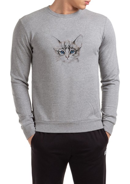 Gri ve Beyaz Yavru Kedi Illüstrasyon Baskılı Gri Erkek Örme Sweatshirt Uzun Kol