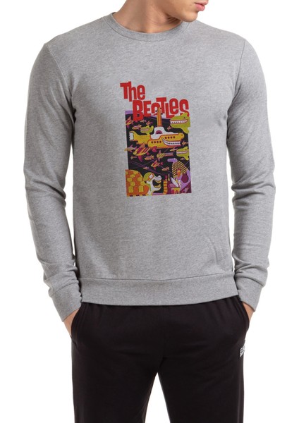 Beatles Yellow Submarıne Baskılı Gri Erkek Örme Sweatshirt Uzun Kol