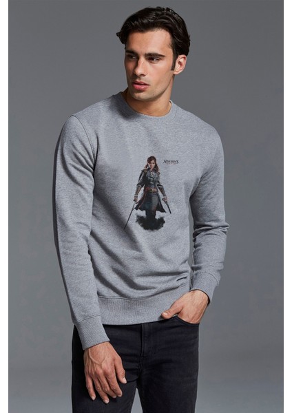 Assassins Creed Elise De La Serre Baskılı Gri Erkek Örme Sweatshirt Uzun Kol