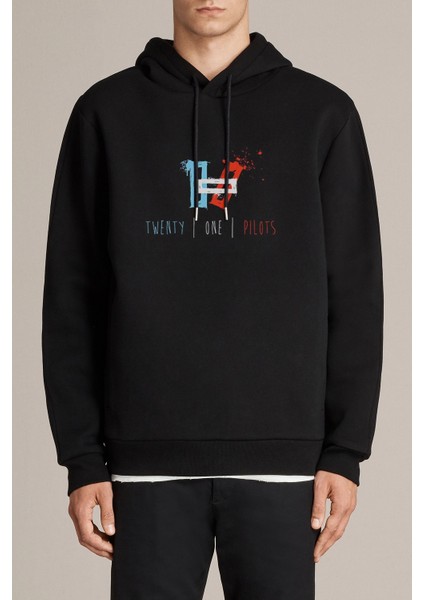 Twenty One Pilots Baskılı Siyah Erkek Örme Kapşonlu Sweatshirt Uzun Kol