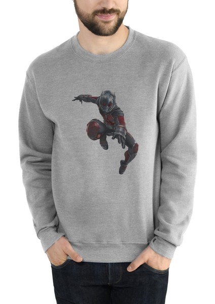 Ant Man Karınca Adam Jump Baskılı Gri Erkek Örme Sweatshirt Uzun Kol