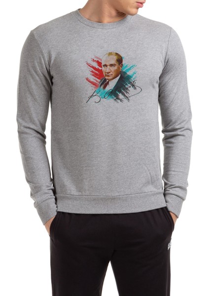 Tc Ulu Önder Mustafa Kemal Atatürk Baskılı Gri Erkek Örme Sweatshirt Uzun Kol