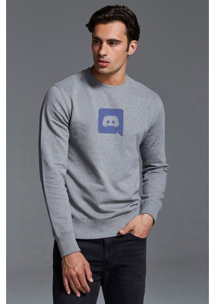Discord Logo Baskılı Gri Erkek Örme Sweatshirt Uzun Kol
