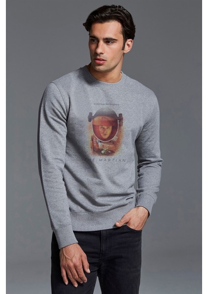 The Martian Baskılı Gri Erkek Örme Sweatshirt Uzun Kol