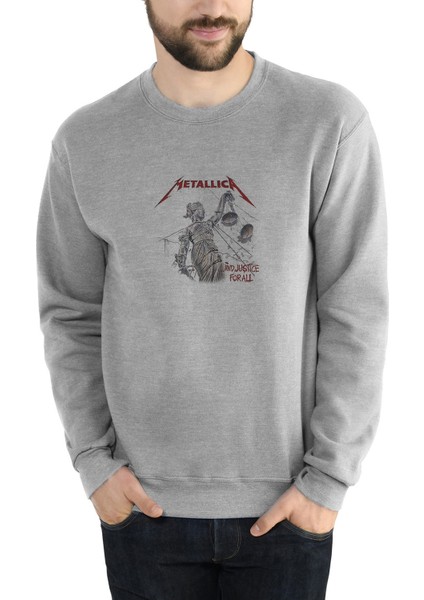 Metallıca And Justıce For Baskılı Gri Erkek Örme Sweatshirt Uzun Kol