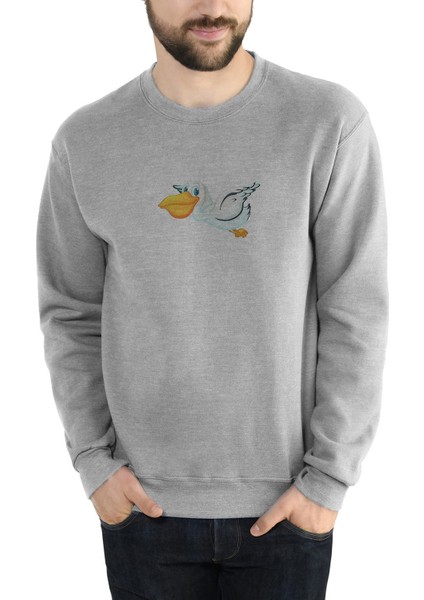 Pelikan Kuşu Toucan Flying Free Baskılı Gri Erkek Örme Sweatshirt Uzun Kol