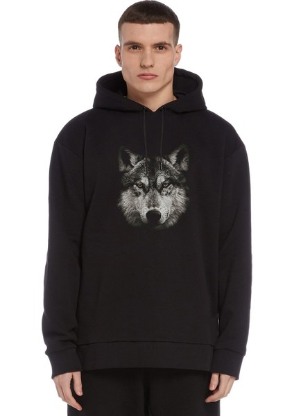 Wolf Kurt Baskılı Siyah Erkek Örme Kapşonlu Sweatshirt Uzun Kol