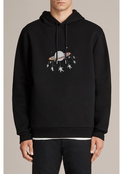 Salıncak Astronaut Baskılı Siyah Erkek Örme Kapşonlu Sweatshirt Uzun Kol