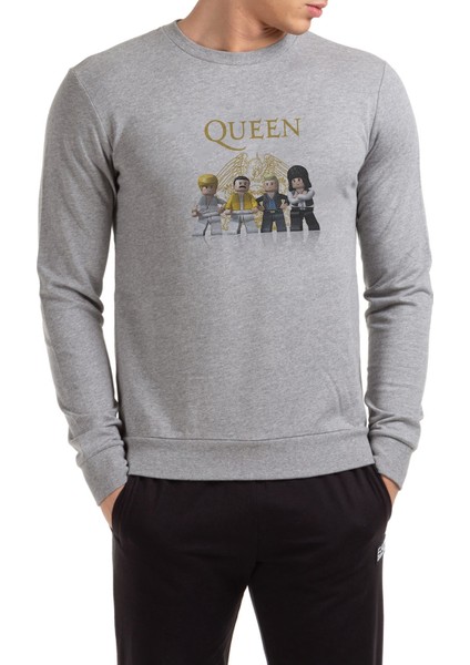 Queen LEGO Baskılı Gri Erkek Örme Sweatshirt Uzun Kol