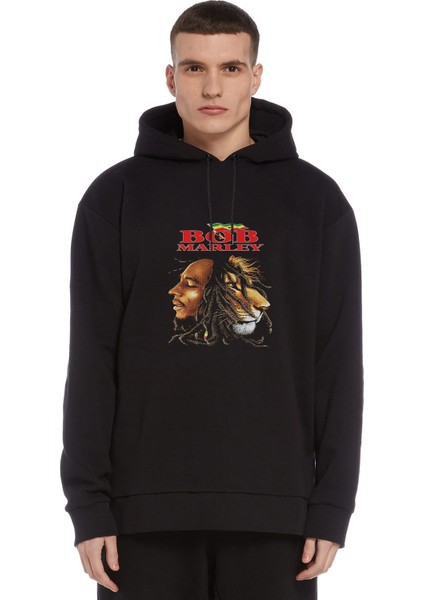 Marley Leon Raggae Metal Rock Muzik Baskılı Siyah Erkek Örme Kapşonlu Sweatshirt Uzun Kol