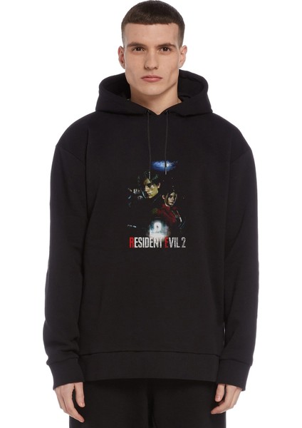 Resident Evil 2 Remake Baskılı Siyah Erkek Örme Kapşonlu Sweatshirt Uzun Kol