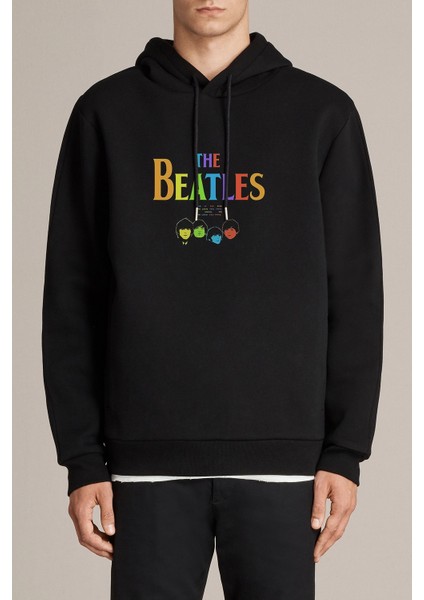 The Beatles Metal Rock Music Baskılı Siyah Erkek Örme Kapşonlu Sweatshirt Uzun Kol