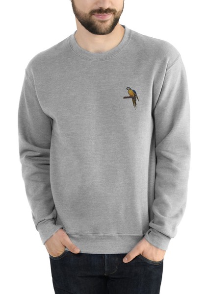 Parrot Bird Macaw 1 Parrot Images Baskılı Gri Erkek Örme Sweatshirt Uzun Kol