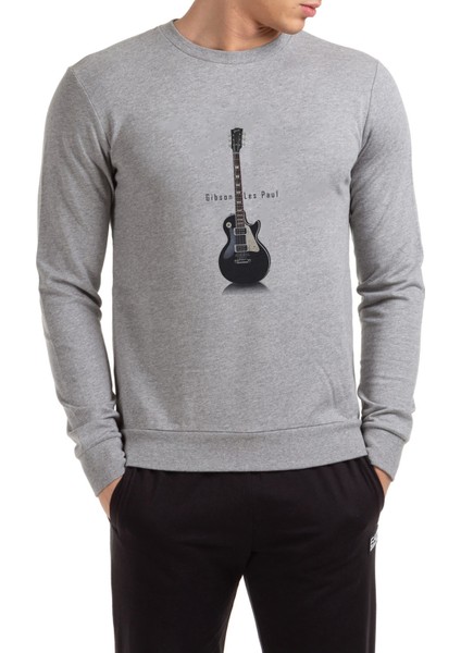 Gibson Les Paul Wallpaper Slash Metal Baskılı Gri Erkek Örme Sweatshirt Uzun Kol