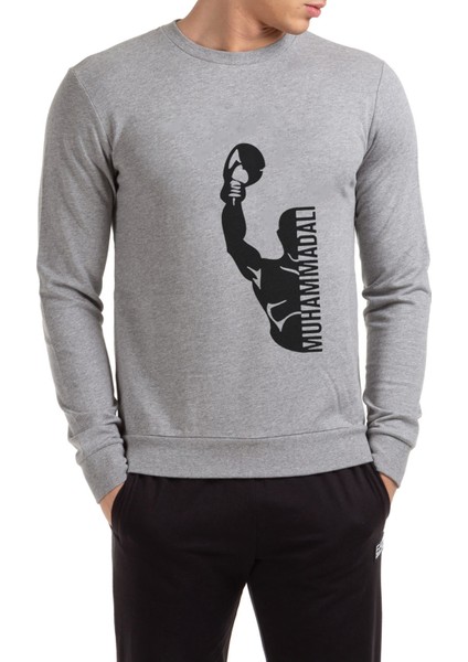 Muhammed Ali Yumruk Baskılı Gri Erkek Örme Sweatshirt Uzun Kol