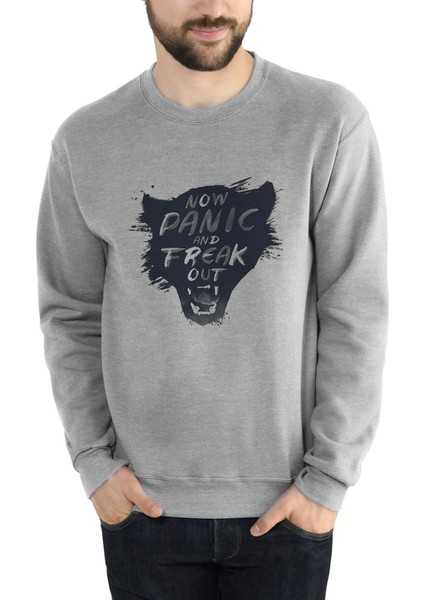 Now Panic Baskılı Gri Erkek Örme Sweatshirt Uzun Kol