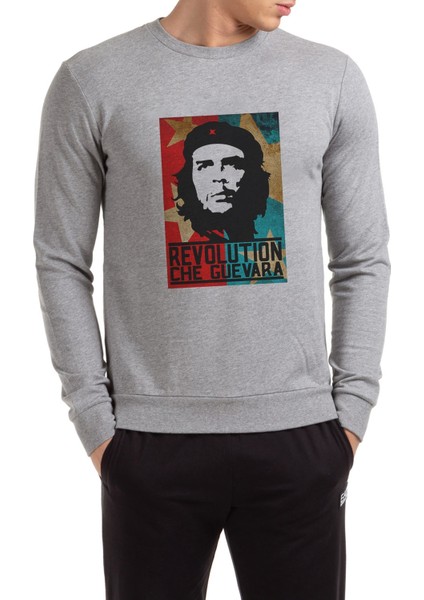 Che Guevara Revolution Baskılı Gri Erkek Örme Sweatshirt Uzun Kol