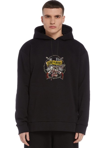 Guns N Roses Metal Baskılı Siyah Erkek Örme Kapşonlu Sweatshirt Uzun Kol