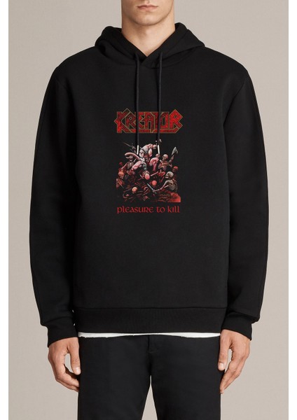Kreator Pleasure To Kill Baskılı Siyah Erkek Örme Kapşonlu Sweatshirt Uzun Kol