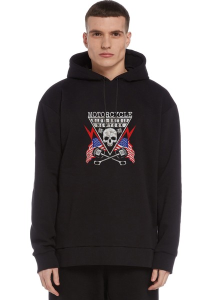 Motorcycle Poster Skull Tee Baskılı Siyah Erkek Örme Kapşonlu Sweatshirt Uzun Kol