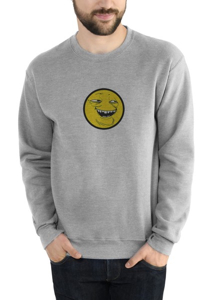Smile Trollface Internet Troll Gülümseme Yüz Baskılı Gri Erkek Örme Sweatshirt Uzun Kol