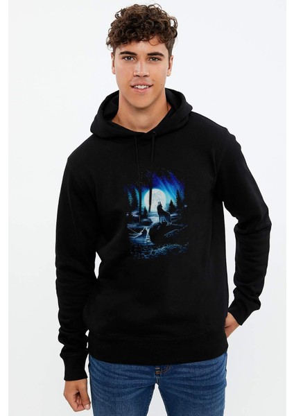 Ice Wolf Kurt Baskılı Siyah Erkek Örme Kapşonlu Sweatshirt Uzun Kol