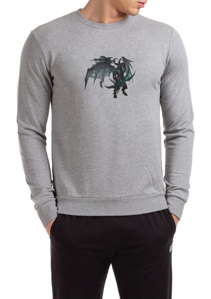 World Of Warcraft Illidan Stormrage Baskılı Gri Erkek Örme Sweatshirt Uzun Kol