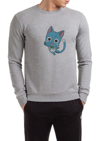 Tail Happy Happy Fairy Tail Baskılı Gri Erkek Örme Sweatshirt Uzun Kol