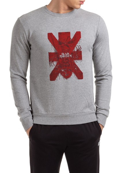 Iron Maiden x Metal Rock Muzik Baskılı Gri Erkek Örme Sweatshirt Uzun Kol