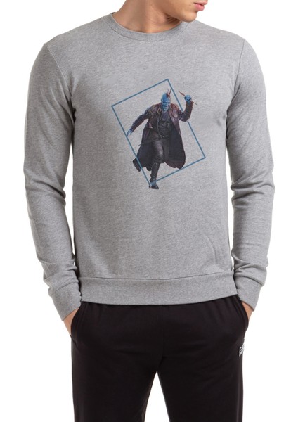 Yenilmez Yondu Galaxy Baskılı Gri Erkek Örme Sweatshirt Uzun Kol