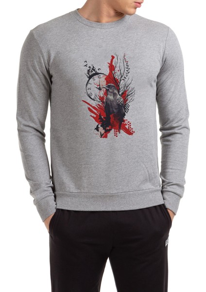 Owl Rose Trash Polka Saat Kuşlar Baskılı Gri Erkek Örme Sweatshirt Uzun Kol