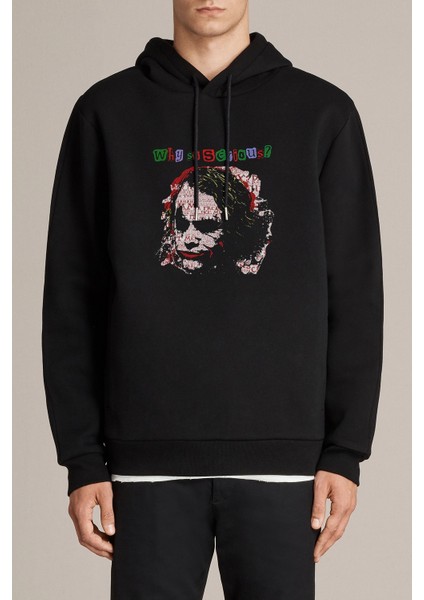 Why So Serıous Baskılı Siyah Erkek Örme Kapşonlu Sweatshirt Uzun Kol