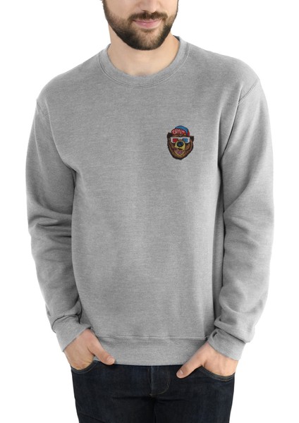 3D Gözlük 3 Boyutlu Gözlük Göğüs Baskılı Gri Erkek Örme Sweatshirt Uzun Kol