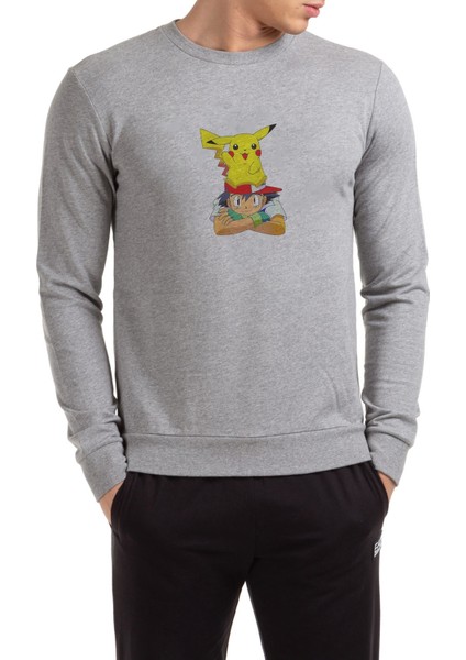 Pokemon 4K Baskılı Gri Erkek Örme Sweatshirt Uzun Kol