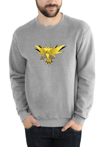 Owl Kuş 2 Baskılı Gri Erkek Örme Sweatshirt Uzun Kol