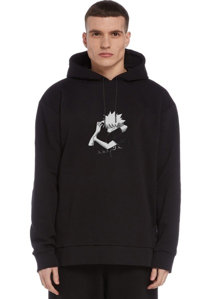 Anime Black Naruto Baskılı Siyah Erkek Örme Kapşonlu Sweatshirt Uzun Kol