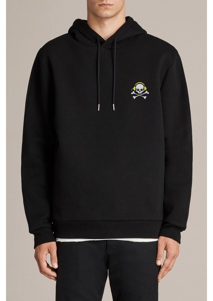 Cool Skull With Headphones Baskılı Siyah Erkek Örme Kapşonlu Sweatshirt Uzun Kol