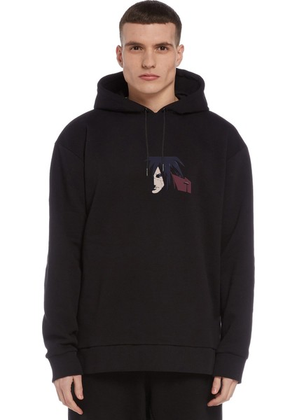 Madara Uchiha Baskılı Siyah Erkek Örme Kapşonlu Sweatshirt Uzun Kol