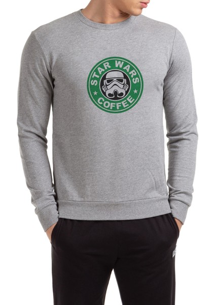 Star Coffee Baskılı Gri Erkek Örme Sweatshirt Uzun Kol