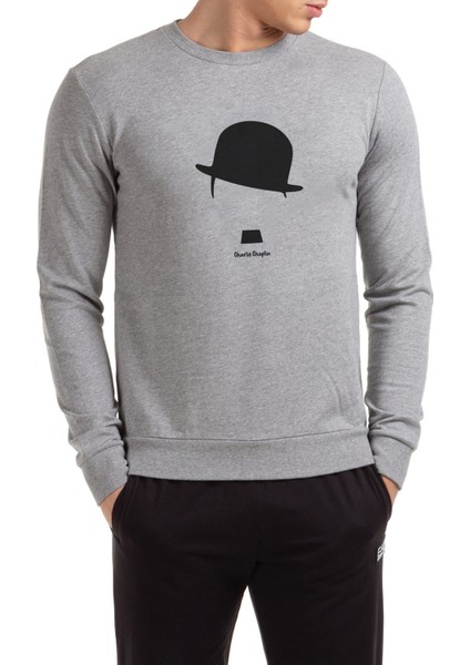 Chaplin Comic Charlıe Chaplın Baskılı Gri Erkek Örme Sweatshirt Uzun Kol