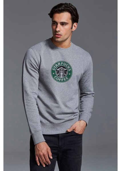 Star Coffee Baskılı Gri Erkek Örme Sweatshirt Uzun Kol