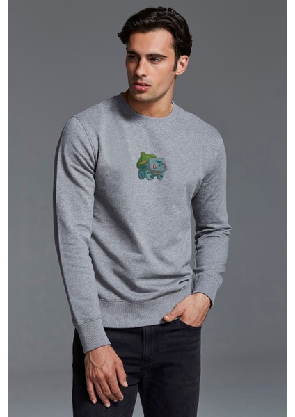 Pokemon Balbasaur Baskılı Gri Erkek Örme Sweatshirt Uzun Kol