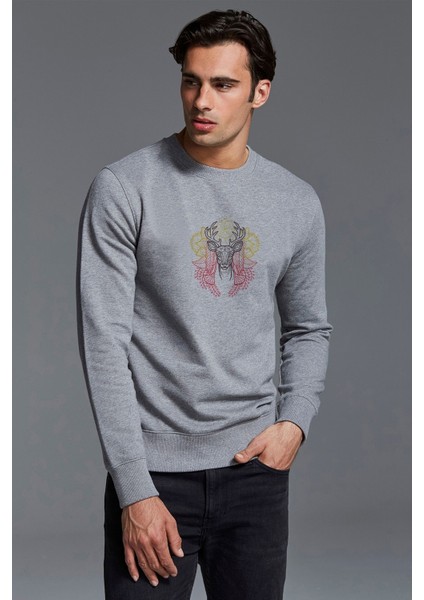 Mandala Geyik Baskılı Gri Erkek Örme Sweatshirt Uzun Kol