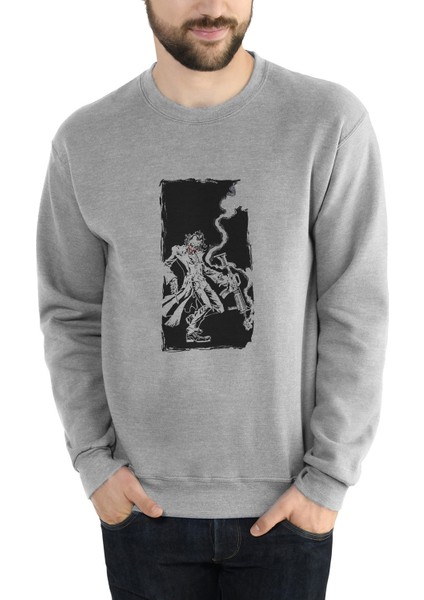 Joker Dizi Baskılı Gri Erkek Örme Sweatshirt Uzun Kol