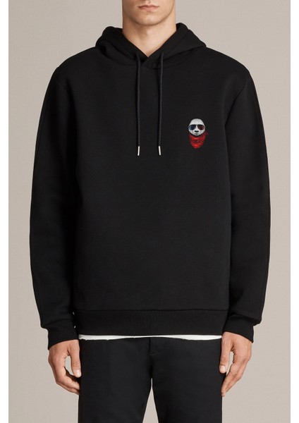 Panda 3D Gözlüklü Baskılı Siyah Erkek Örme Kapşonlu Sweatshirt Uzun Kol